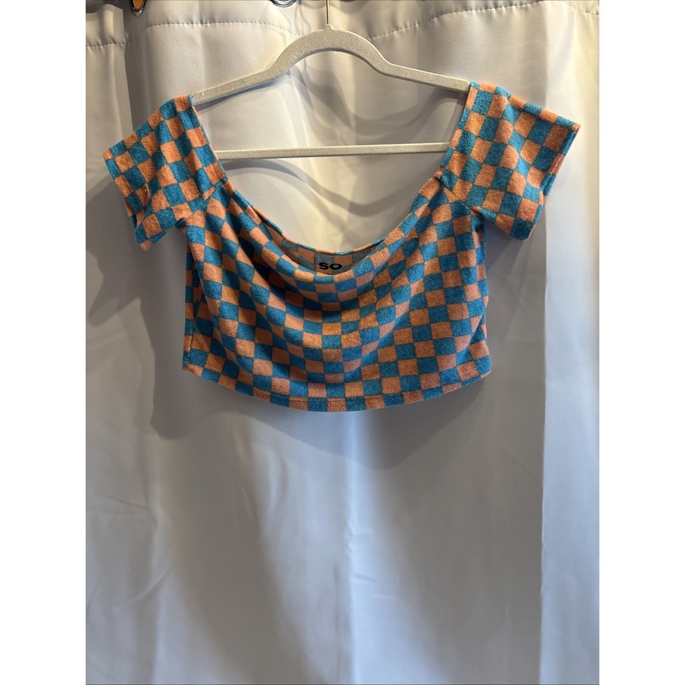 SO Teddy cropped‎ top plaid retro off shoulders blue pink Boho Size L Y2K